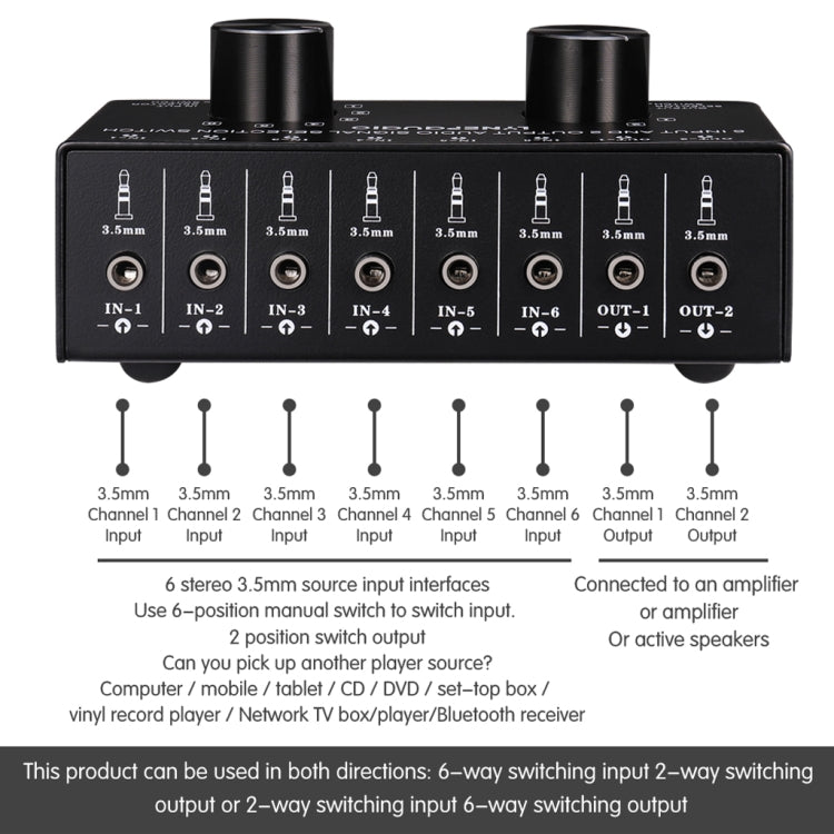 B027 6 input 2 output or 2 input 6 output audio signal source selection switch 3.5mm interface