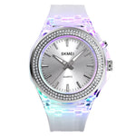 SkMEI 1553 Orologio da donna impermeabile trasparente a colori a LED intarsiato con trapano ad acqua