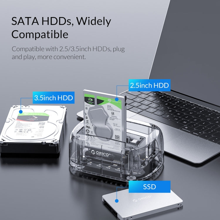 ORICO 6239U3 Dock per disco rigido di lettura e scrittura ordinaria USB 3.0 trasparente a 2 alloggiamenti da 3,5/2,5 pollici