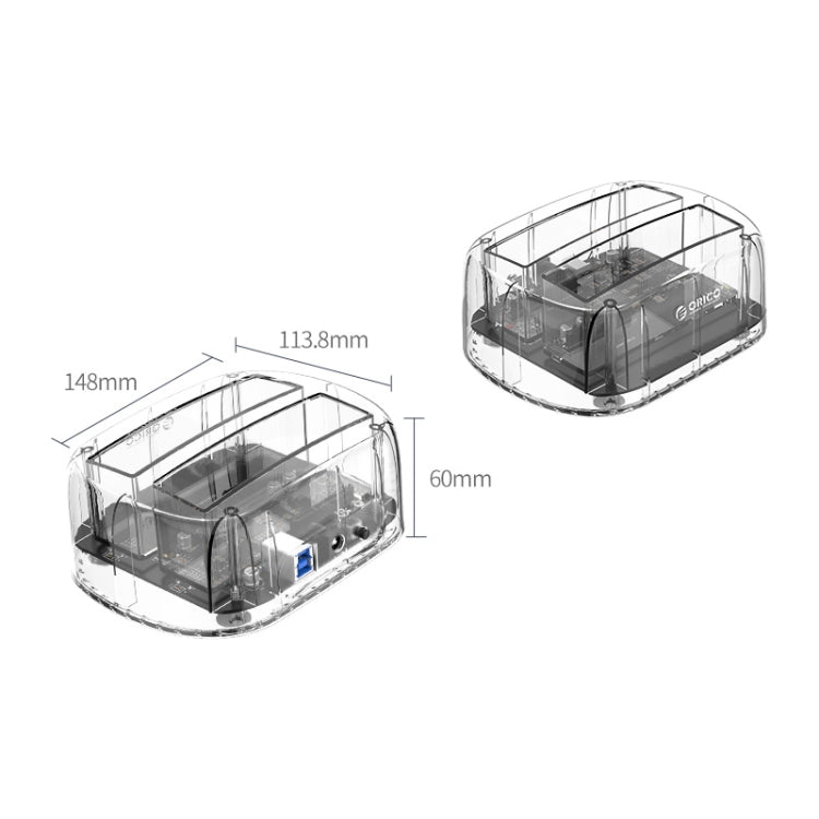 ORICO 6239U3 Dock per disco rigido di lettura e scrittura ordinaria USB 3.0 trasparente a 2 alloggiamenti da 3,5/2,5 pollici