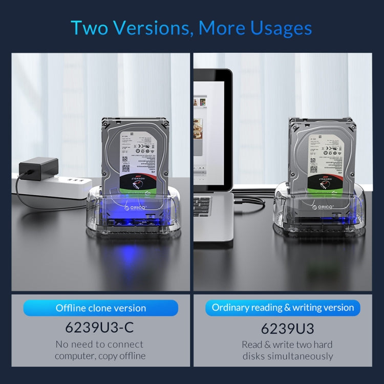 ORICO 6239U3 Dock per disco rigido di lettura e scrittura ordinaria USB 3.0 trasparente a 2 alloggiamenti da 3,5/2,5 pollici