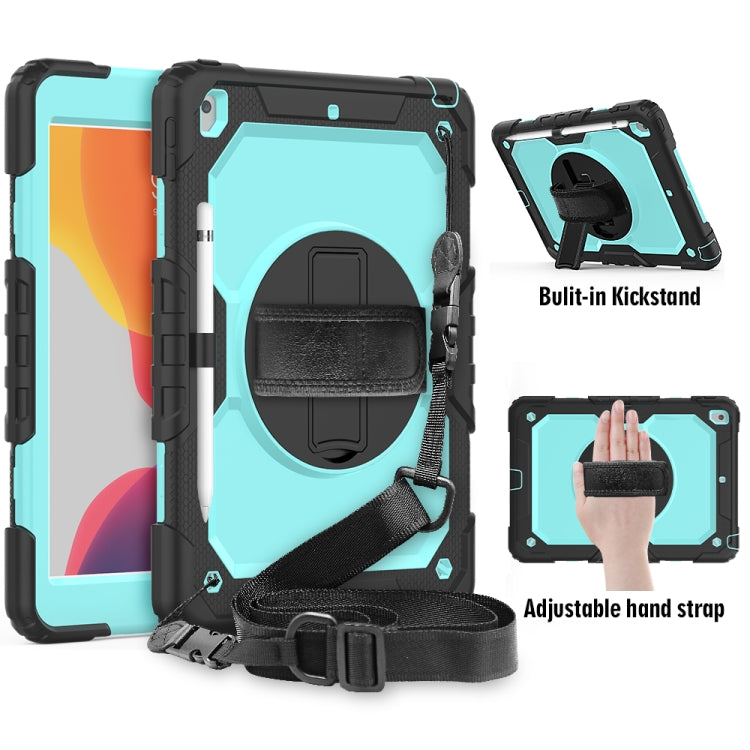 Per iPad 10.2 gel di silice colorato antiurto + custodia protettiva per PC con supporto e tracolla e cinturino e slot per penna