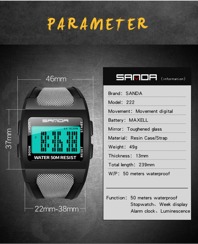 SANDA 222 Orologio sportivo da uomo per alpinismo all'aperto Orologio elettronico digitale Quadrato Orologio impermeabile multifunzionale
