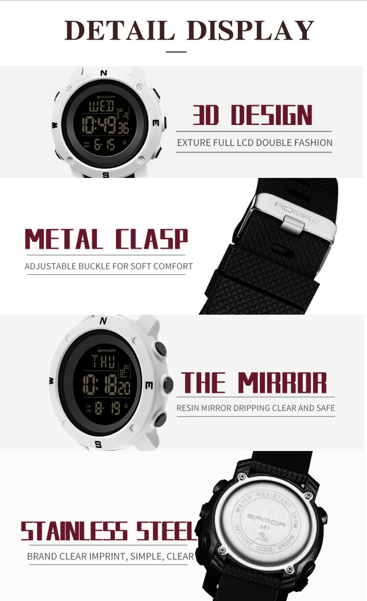 SANDA 361 Orologio elettronico per bambini sportivi con luce notturna alla moda Orologio impermeabile da uomo multifunzionale con luce notturna