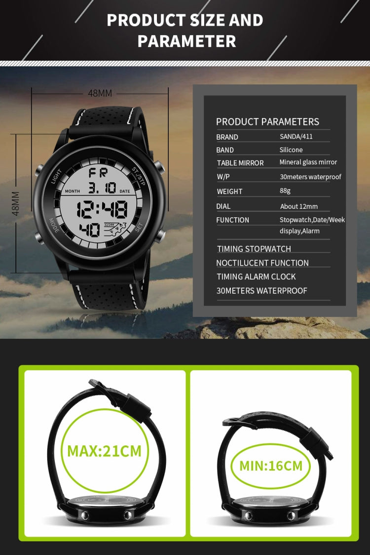 SANDA 411 Orologio multifunzionale Wports Orologio elettronico da studente impermeabile maschile modello giovanile moda maschile