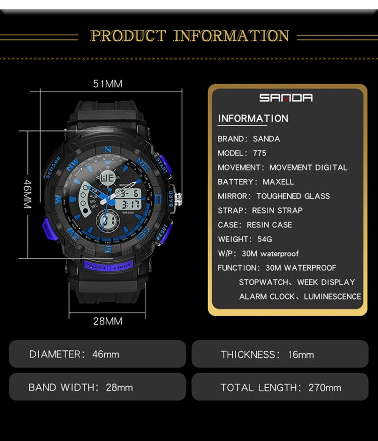 Orologio SANDA 775 Orologio elettronico da uomo Studenti delle scuole medie per adulti Gioventù Sport multifunzionale Trend doppio orologio