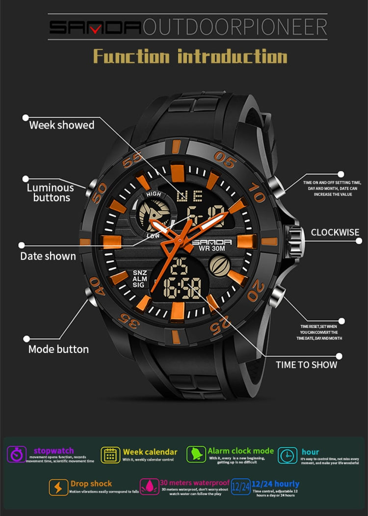 Orologio SANDA 791 Orologio da polso luminoso da uomo popolare con orologio elettronico multifunzionale sportivo di moda genuino