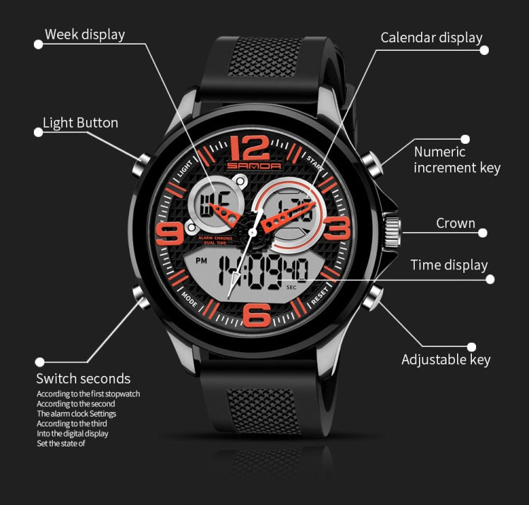 SANDA 793 Orologio da marea con quadrante grande Student Fashion Trend Orologio elettronico impermeabile a doppio bagliore multifunzione