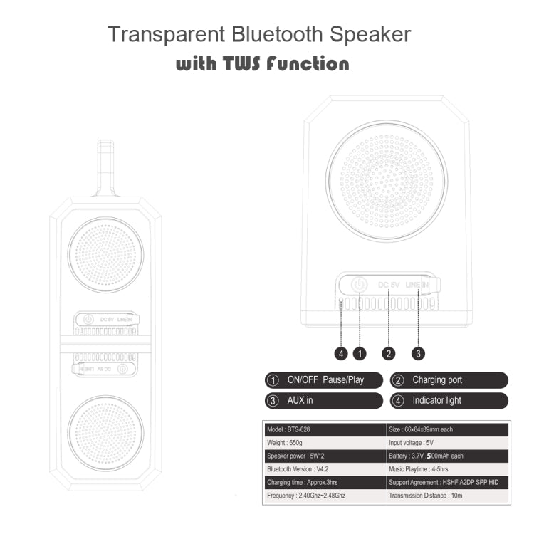 BT628 Altoparlanti Bluetooth trasparenti TWS portatili da 10 W con subwoofer per bassi stereo da esterno con base magnetica collegabile