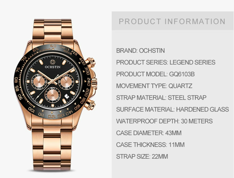 Orologio al quarzo multifunzione OCHSTIN Augusten 6103B Orologio da uomo con cinturino in acciaio con calendario sportivo luminoso e impermeabile
