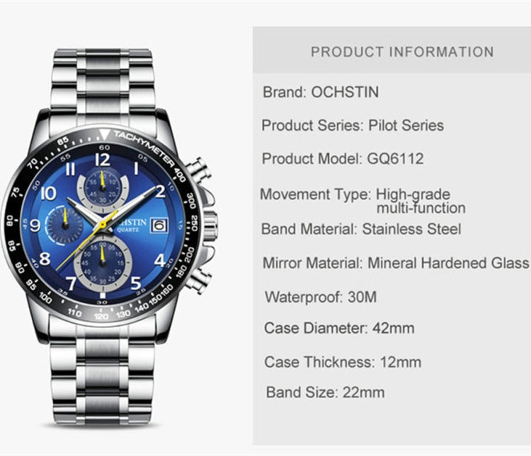 OCHSTIN 6112 Orologio multifunzione da uomo Moda Sport Business Calendario Orologio da uomo luminoso Orologio al quarzo Orologio in acciaio
