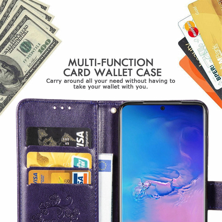 Lucky Clover Custodia in pelle con motivo a fiori pressati con supporto e fessure per carte, portafoglio e cinturino da polso, For Galaxy S20 Ultra, For Galaxy S20+, For Galaxy S20, For Galaxy A71, For Galaxy S10 Lite / A91 / M80s                      ...