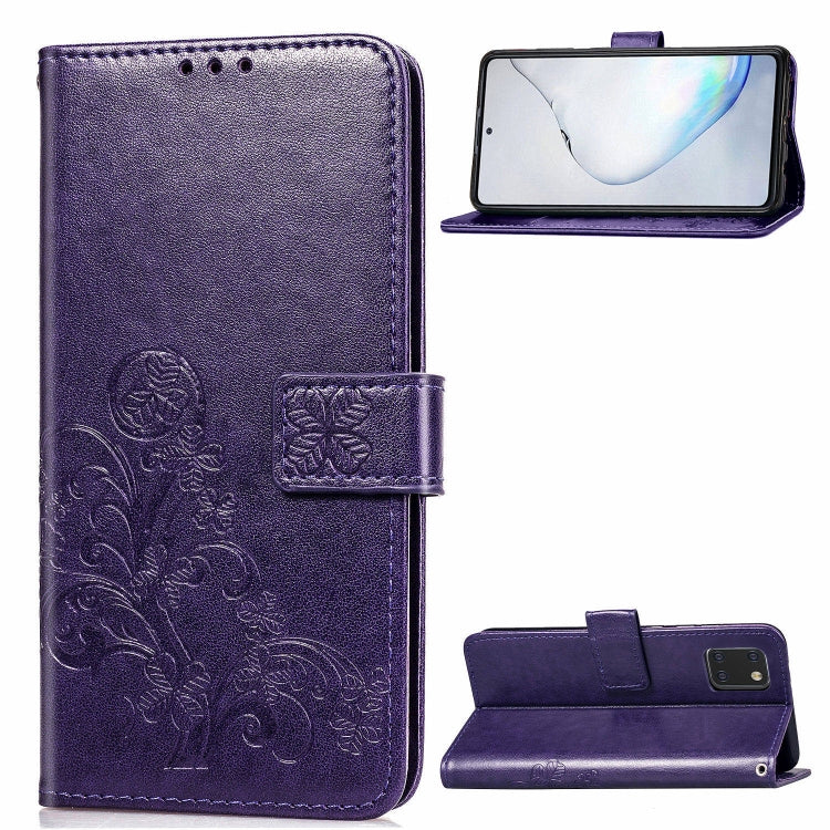 Lucky Clover Custodia in pelle con motivo a fiori pressati con supporto e fessure per carte, portafoglio e cinturino da polso, For Galaxy S20 Ultra, For Galaxy S20+, For Galaxy S20, For Galaxy A71, For Galaxy S10 Lite / A91 / M80s                      ...