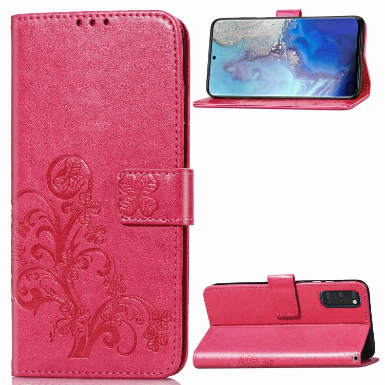 Lucky Clover Custodia in pelle con motivo a fiori pressati con supporto e fessure per carte, portafoglio e cinturino da polso, For Galaxy S20 Ultra, For Galaxy S20+, For Galaxy S20, For Galaxy A71, For Galaxy S10 Lite / A91 / M80s                      ...