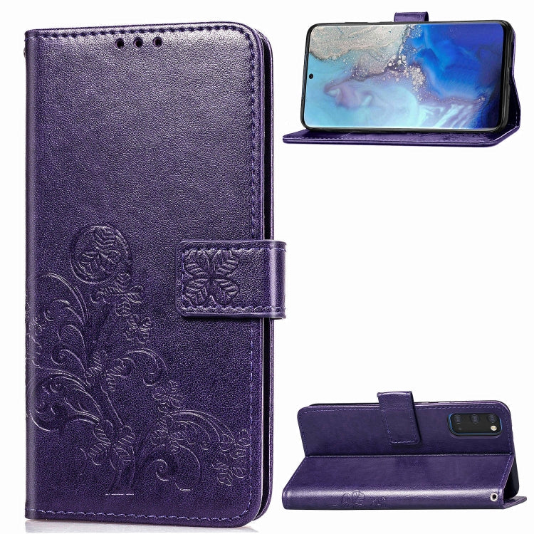 Lucky Clover Custodia in pelle con motivo a fiori pressati con supporto e fessure per carte, portafoglio e cinturino da polso, For Galaxy S20 Ultra, For Galaxy S20+, For Galaxy S20, For Galaxy A71, For Galaxy S10 Lite / A91 / M80s                      ...