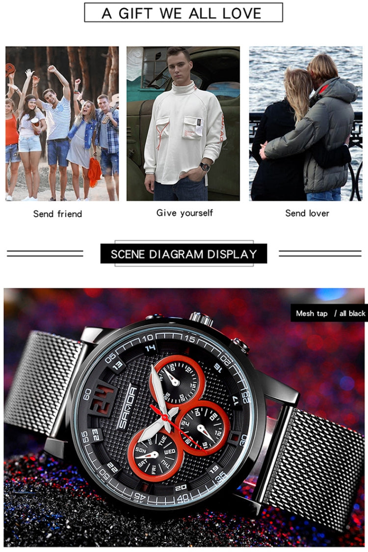 SANDA 5009 Business Fashion Orologio al quarzo da uomo impermeabile in pelle casual a tre occhi e sei aghi