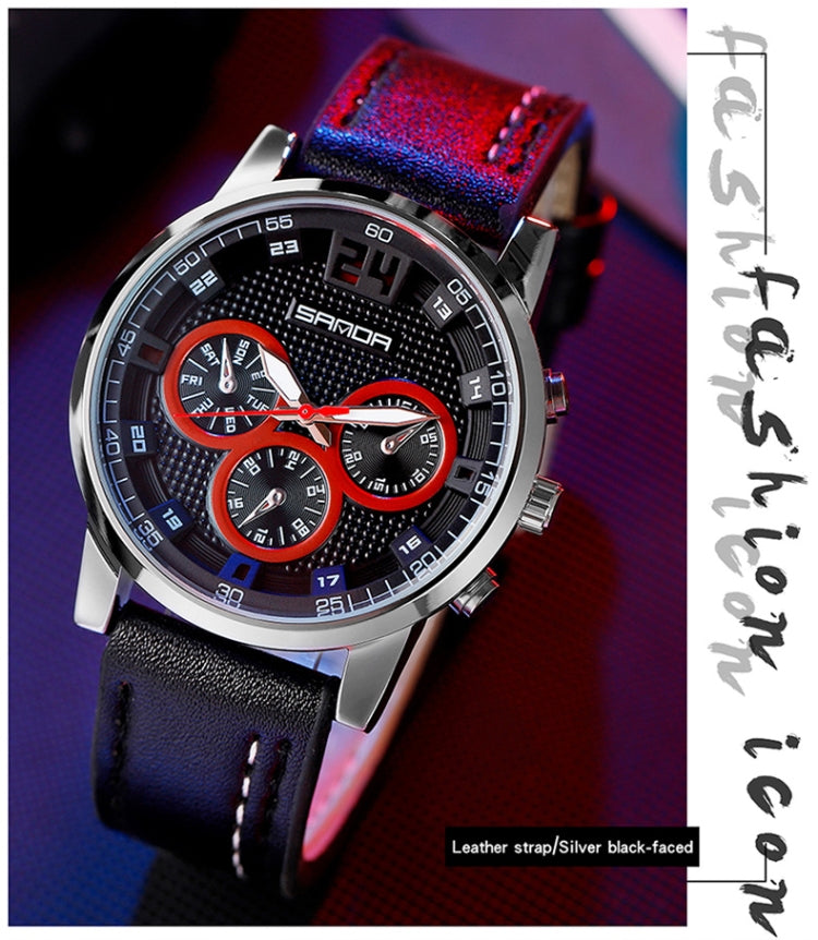 SANDA 5009 Business Fashion Orologio al quarzo da uomo impermeabile in pelle casual a tre occhi e sei aghi