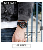 SANDA 5009 Business Fashion Orologio al quarzo da uomo impermeabile in pelle casual a tre occhi e sei aghi