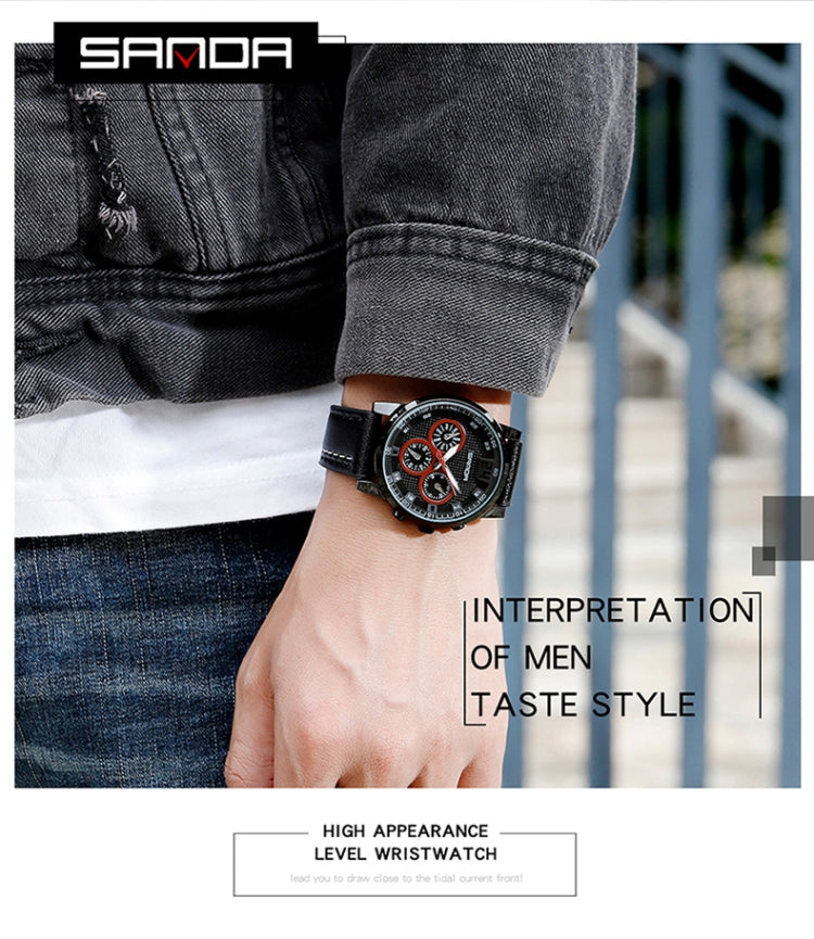 SANDA 5009 Business Fashion Orologio al quarzo da uomo impermeabile in pelle casual a tre occhi e sei aghi