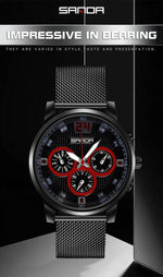 SANDA 5009 Business Fashion Orologio al quarzo da uomo impermeabile in pelle casual a tre occhi e sei aghi