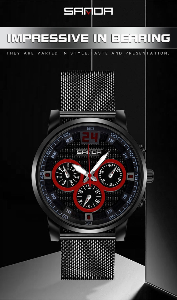 SANDA 5009 Business Fashion Orologio al quarzo da uomo impermeabile in pelle casual a tre occhi e sei aghi