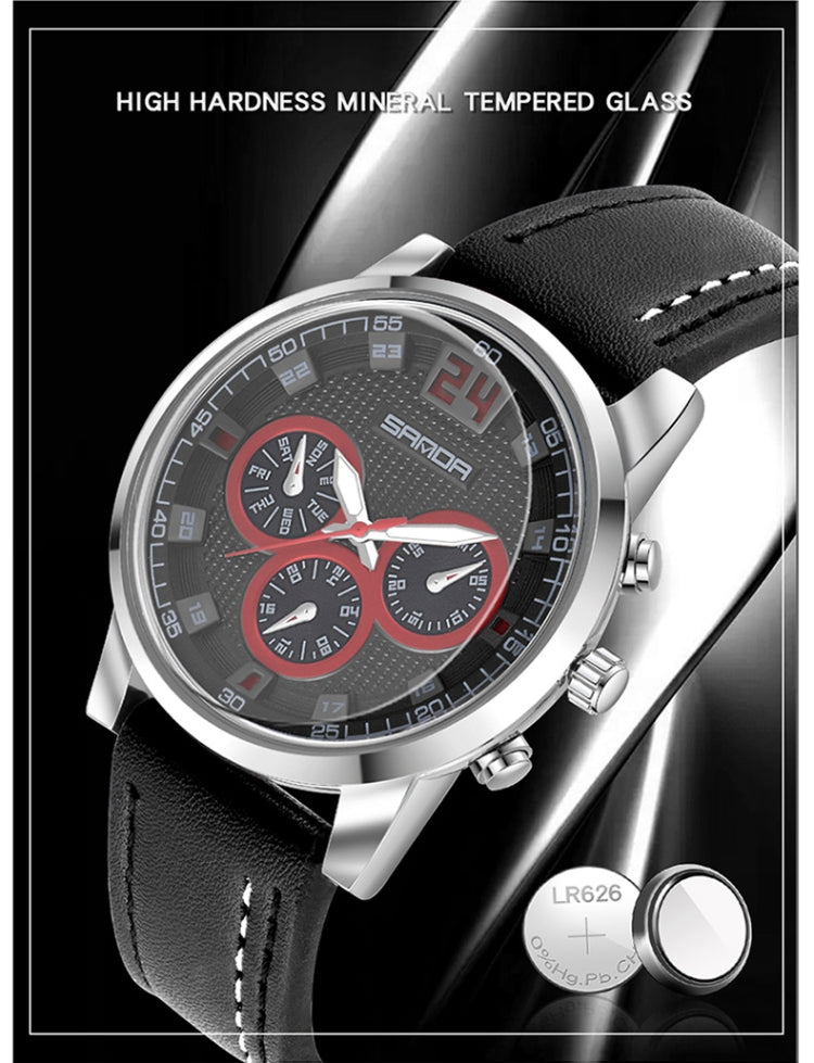 SANDA 5009 Business Fashion Orologio al quarzo da uomo impermeabile in pelle casual a tre occhi e sei aghi