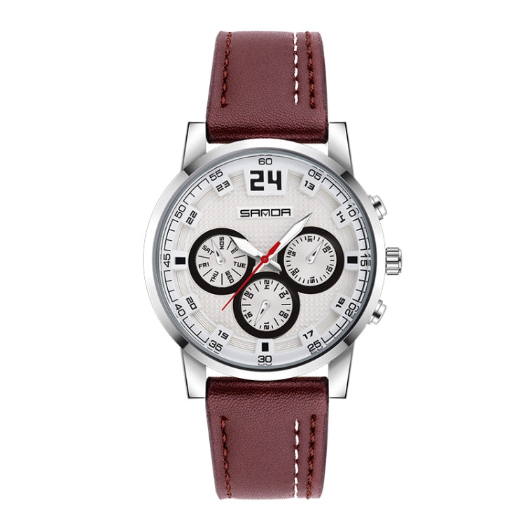 SANDA 5009 Business Fashion Orologio al quarzo da uomo impermeabile in pelle casual a tre occhi e sei aghi
