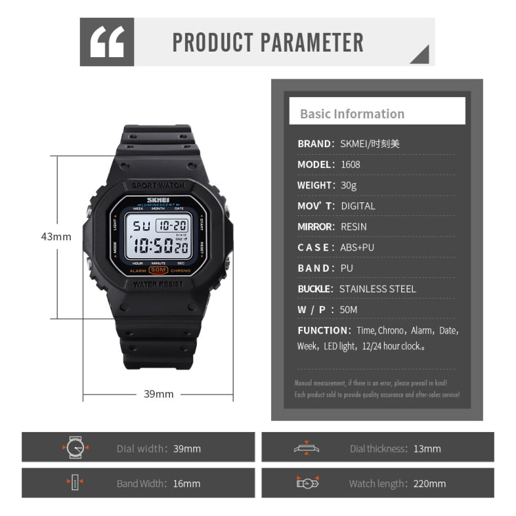 Skmei 1608 Orologio elettronico multifunzione per studenti Orologio sportivo in silicone con temporizzazione impermeabile