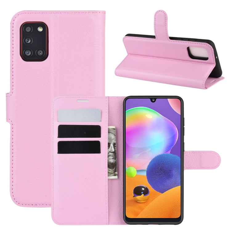 Per Galaxy A31 Litchi Texture Custodia protettiva a vibrazione orizzontale con supporto e slot per schede e portafoglio, For Galaxy A31