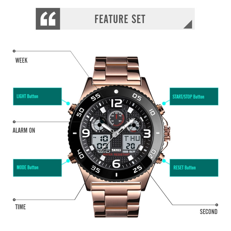 SKMEI 1538 Orologio elettronico sportivo da uomo con cinturino in acciaio con quadrante grande e tempo multifunzione