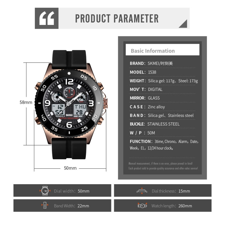 SKMEI 1538 Orologio elettronico sportivo da uomo con cinturino in acciaio con quadrante grande e tempo multifunzione