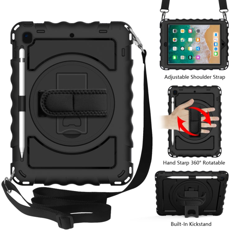Per iPad 9.7 (2018) e (2017) rotazione a 360 gradi PC + custodia combinata antiurto in silicone con supporto e cinturino per impugnatura e tracolla, For iPad 9.7 (2018)