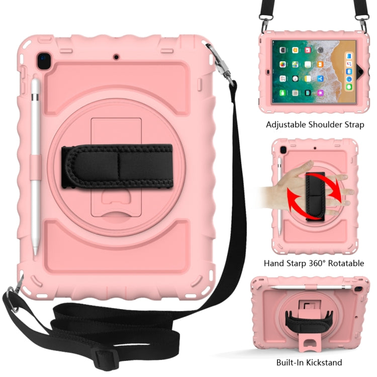 Per iPad 9.7 (2018) e (2017) rotazione a 360 gradi PC + custodia combinata antiurto in silicone con supporto e cinturino per impugnatura e tracolla, For iPad 9.7 (2018)