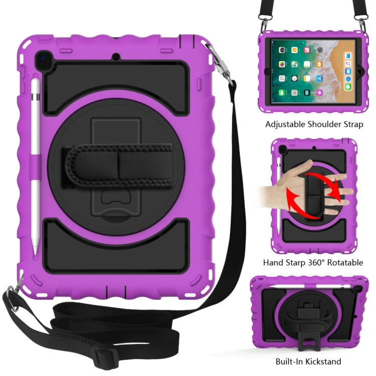 Per iPad 9.7 (2018) e (2017) rotazione a 360 gradi PC + custodia combinata antiurto in silicone con supporto e cinturino per impugnatura e tracolla, For iPad 9.7 (2018)