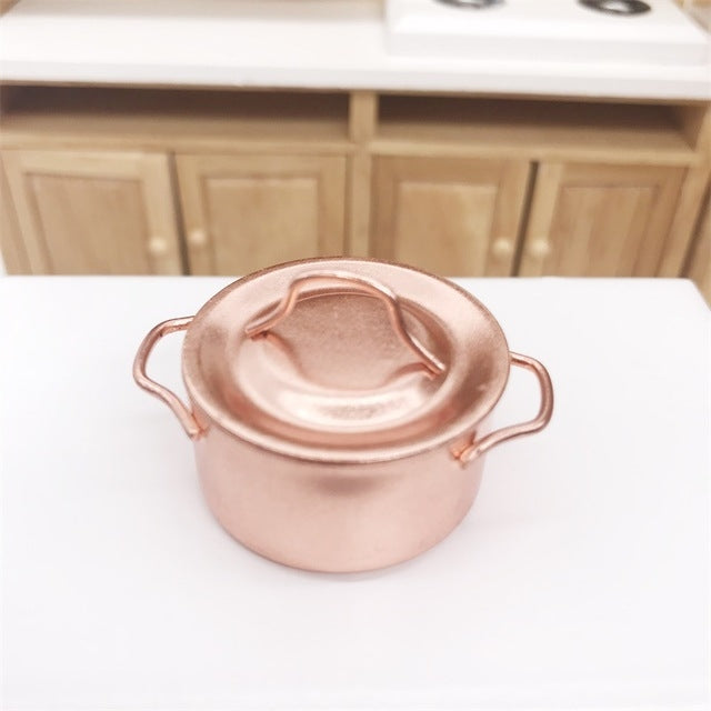 3 pentole in rame da cucina in miniatura per casa delle bambole con coperchio, giocattoli educativi per bambini, Copper Pot