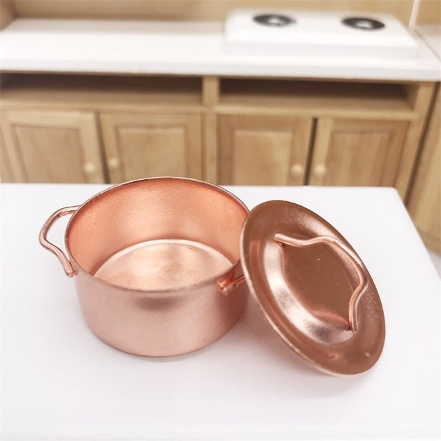 3 pentole in rame da cucina in miniatura per casa delle bambole con coperchio, giocattoli educativi per bambini, Copper Pot