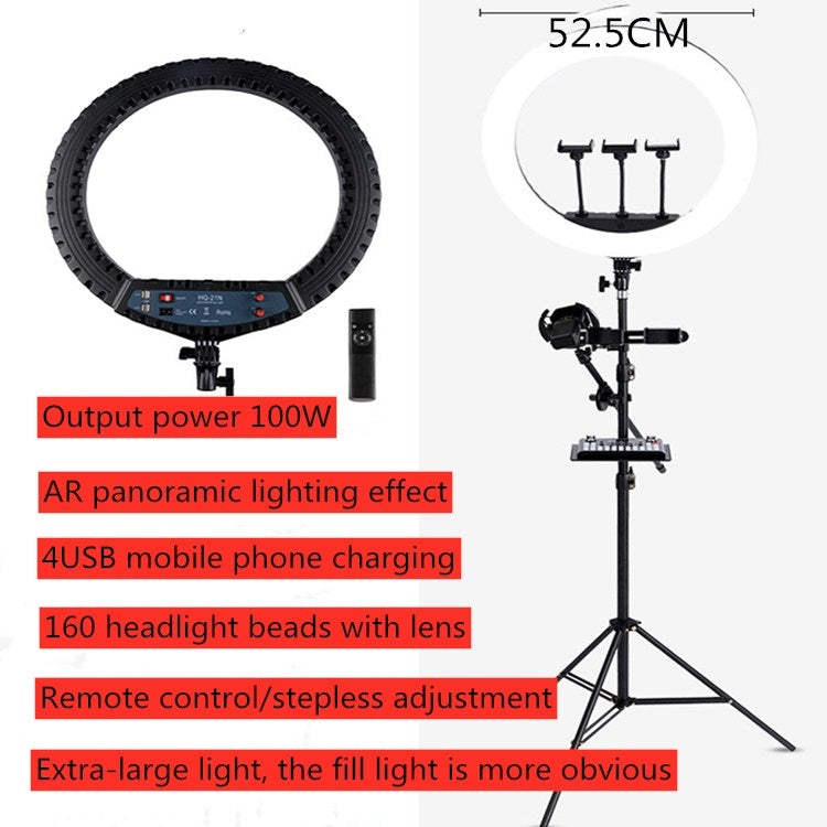 HQ-21N Kit luci video per fotografia Vlogging ad anello LED da 21 pollici 52,5 cm con telecomando e morsetto per telefono e supporto per treppiede da 2,1 m, spina europea, 21 inch