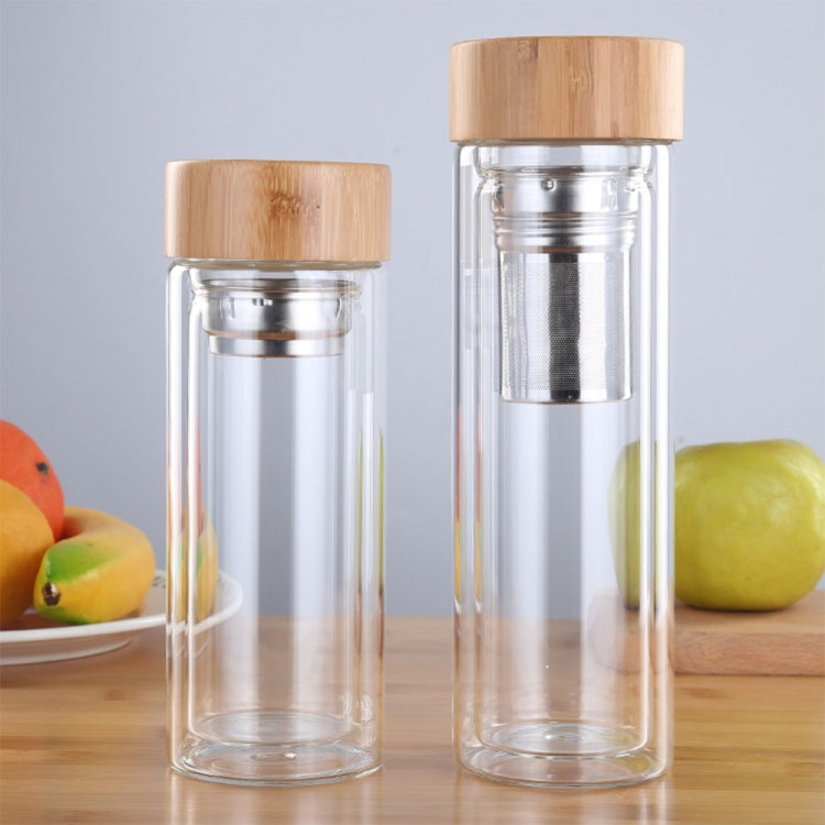 Bottiglie per tè e acqua in vetro con infusore, coperchio in bambù, doppia parete, breve bottiglia da esterno portatile, 350ML, 450ML