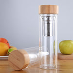 Bottiglie per tè e acqua in vetro con infusore, coperchio in bambù, doppia parete, breve bottiglia da esterno portatile, 350ML, 450ML