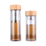 Bottiglie per tè e acqua in vetro con infusore, coperchio in bambù, doppia parete, breve bottiglia da esterno portatile, 350ML, 450ML