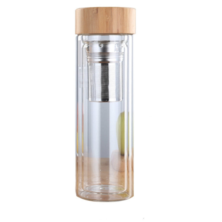 Bottiglie per tè e acqua in vetro con infusore, coperchio in bambù, doppia parete, breve bottiglia da esterno portatile, 350ML, 450ML