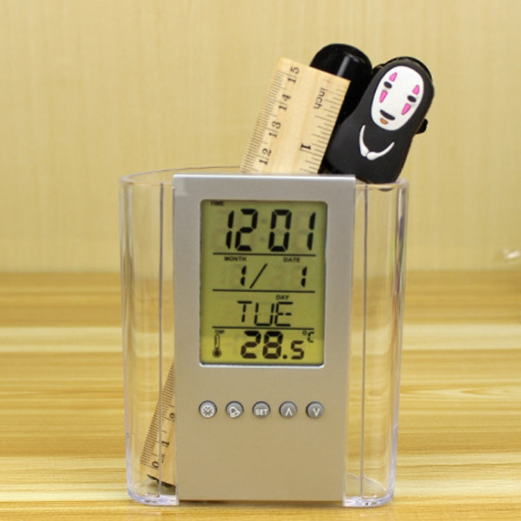 Orologio da tavolo da tavolo trasparente Contenitore per penne Allarme Piccoli regali Decorazione per la casa Orologio digitale da tavolo da scrivania