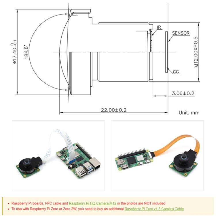 Waveshare WS1842714 per obiettivo Raspberry Pi M12 ad alta risoluzione, 14 MP, lunghezza focale 2,72 mm, 23964, 23964