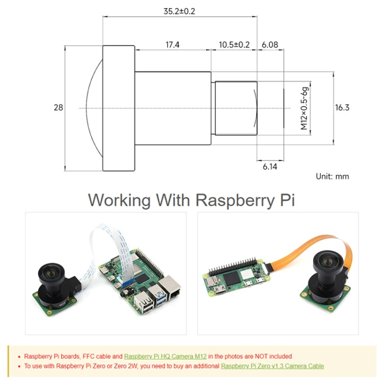 Waveshare WS1603212 per obiettivo Raspberry Pi M12 ad alta risoluzione, 12 MP, FOV 160°, lunghezza focale 3,2 mm, 23967, 23967