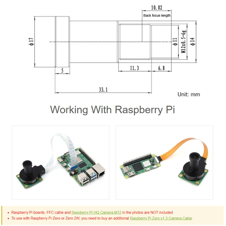 Waveshare WS0698012 per obiettivo Raspberry Pi M12 ad alta risoluzione, 12 MP, FOV da 69,5 gradi, lunghezza focale 8 mm, 23968, 23968