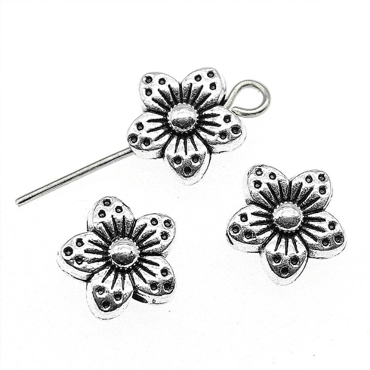 30 pezzi di ciondoli a forma di fiore in lega d'argento tibetano, perline a forma di fiore, dimensioni: 9x9x5 mm