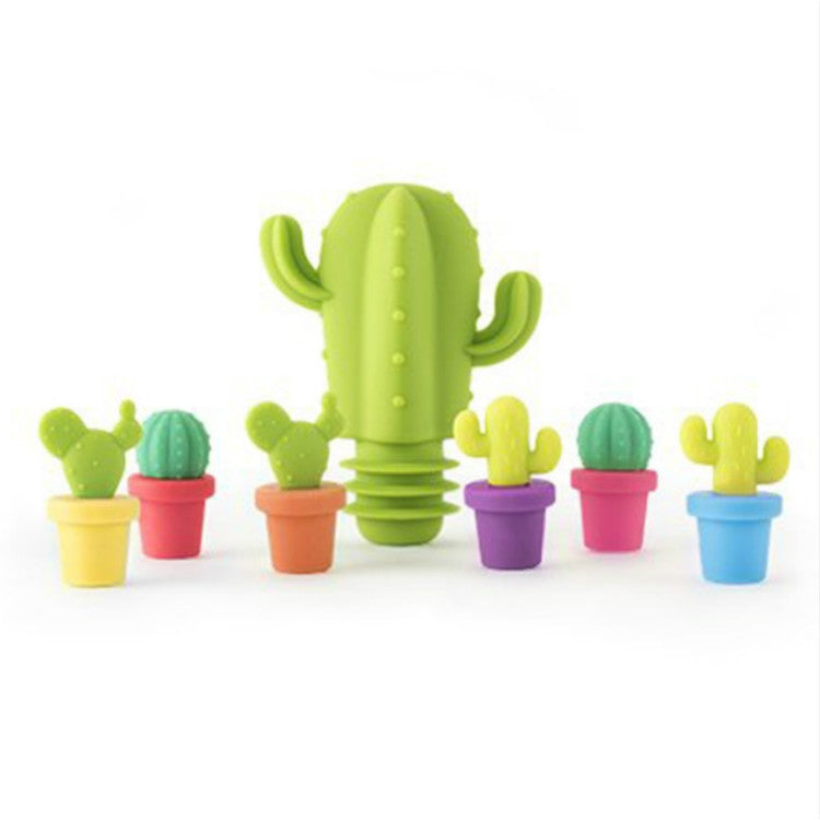 Tappo per bottiglia di vino in silicone Creative Cactus da 7 pezzi + set di pennarelli per bicchiere di vino, 7 in 1 Wine Bottle Stopper