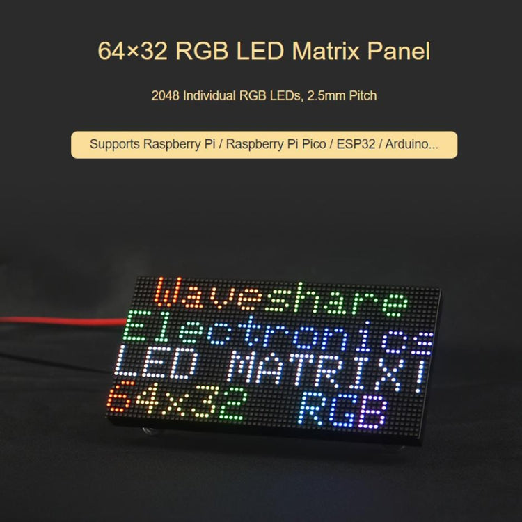 Pannello a matrice LED a colori RGB Waveshare, passo 2,5 mm, 64x32 pixel, luminosità regolabile, 23707, 23707