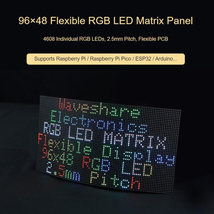 Pannello a matrice LED a colori RGB flessibile Waveshare, passo da 2,5 mm, 96x48 pixel, PCB pieghevole con luminosità regolabile, 23709