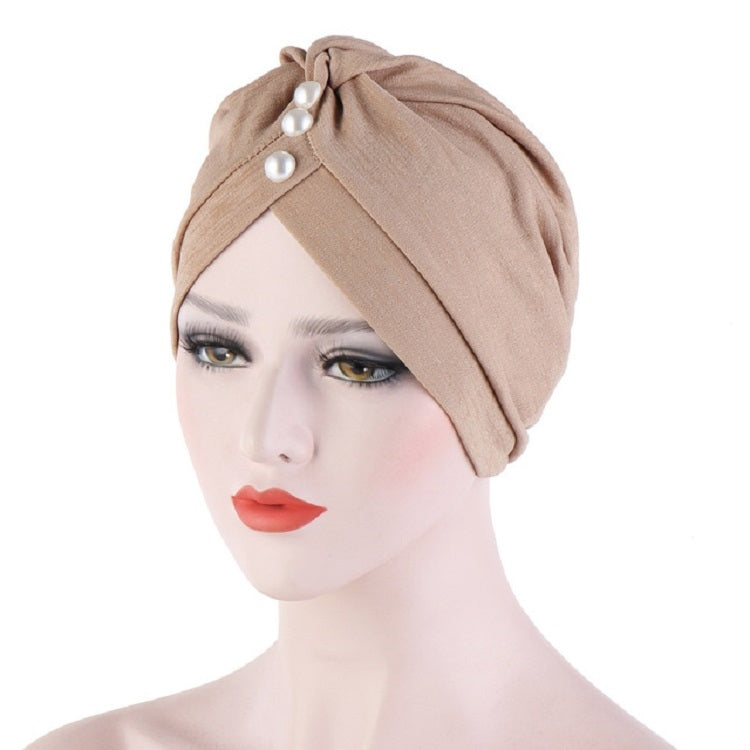 Cappello turbante con cappuccio decorativo con perle, piega sulla fronte da donna, 2 pezzi, One Size